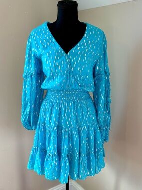Lilly Pulitzer Heline Turquoise Gold Dot Smocked-Waist Tiered Dress
